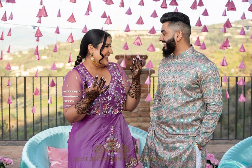 happy indian couple at mehandi in italy 1024x683 - Traditional Sikh pre-wedding events in Italy