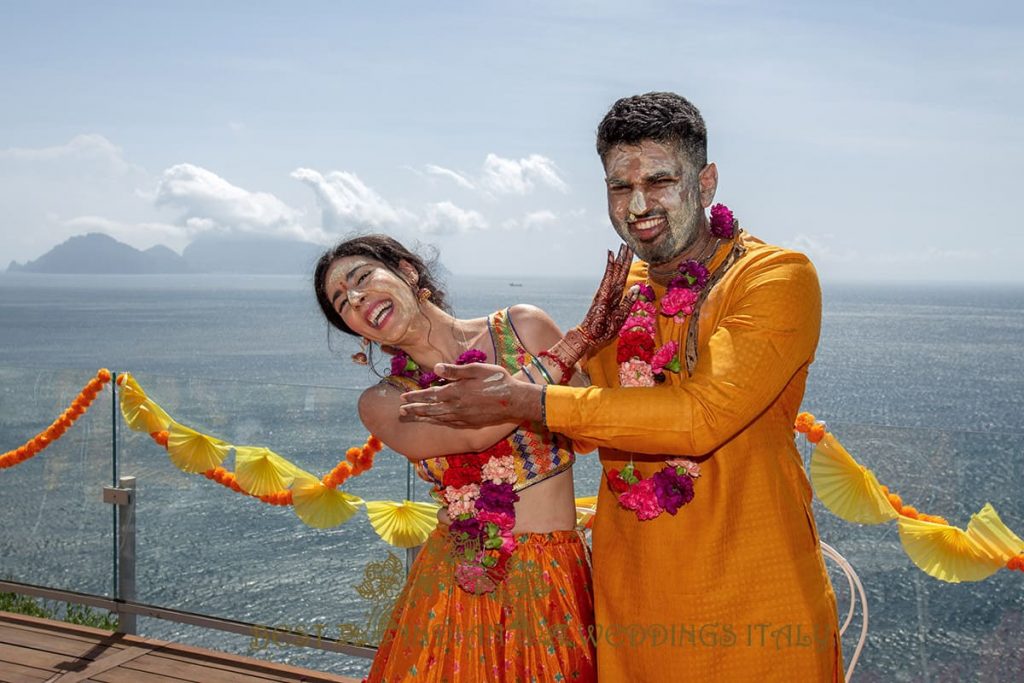 indian bride and groom covered with yellow paste at pithi 1024x683 - Hindu pre-wedding events on the Sorrento coast