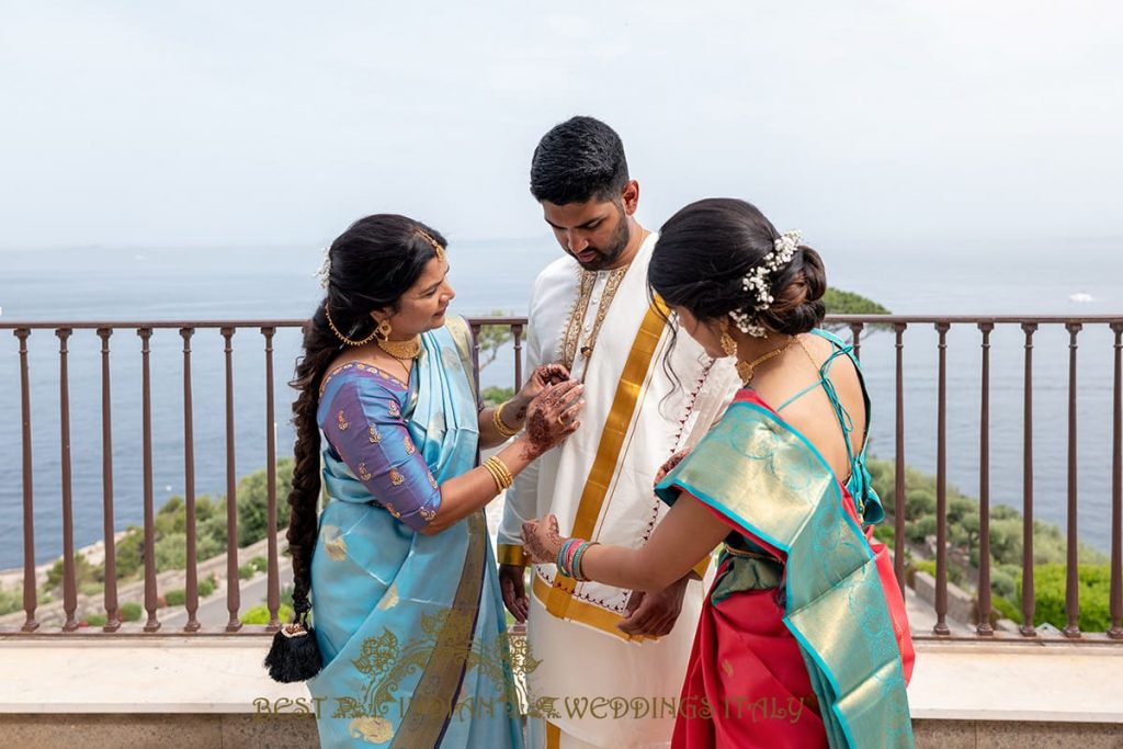 tamil groom with the family before the wedding in sorrento 1024x683 - Tamil and Gujarati Hindu wedding on the Amalfi coast