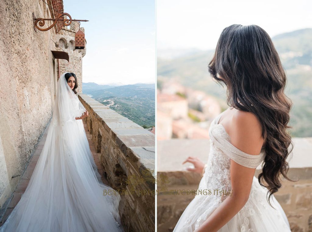 bridal gown italy wedding 1024x763 - Fairy tale symbolic wedding in an Italian castle overlooking the sea