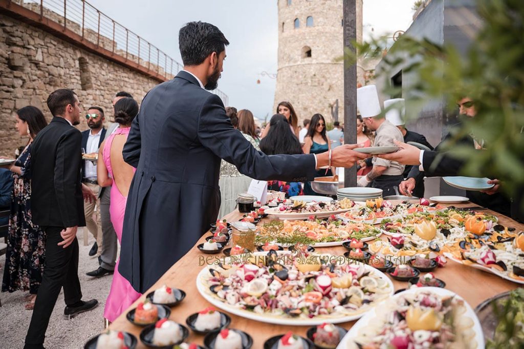 buffet of appetizers for indian wedding in italy 1024x681 - Fairy tale symbolic wedding in an Italian castle overlooking the sea