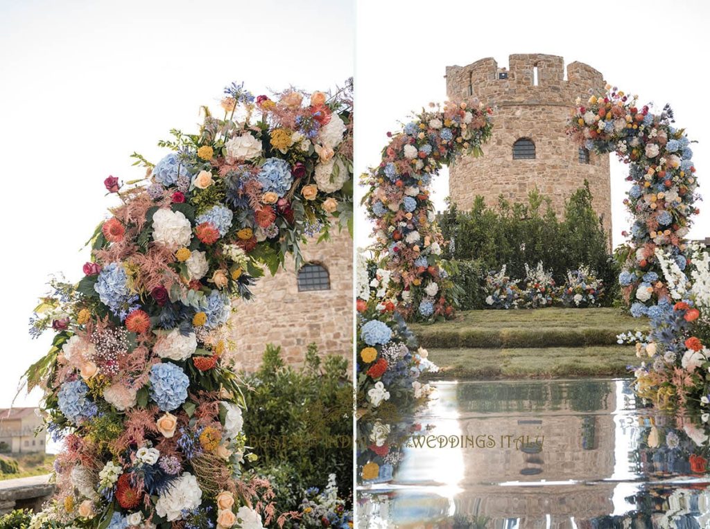 castle tower backdrop for wedding 1024x764 - Fairy tale symbolic wedding in an Italian castle overlooking the sea