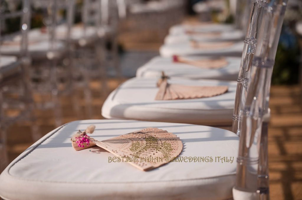 fans for wedding ceremony italy 1024x681 - Fairy tale symbolic wedding in an Italian castle overlooking the sea