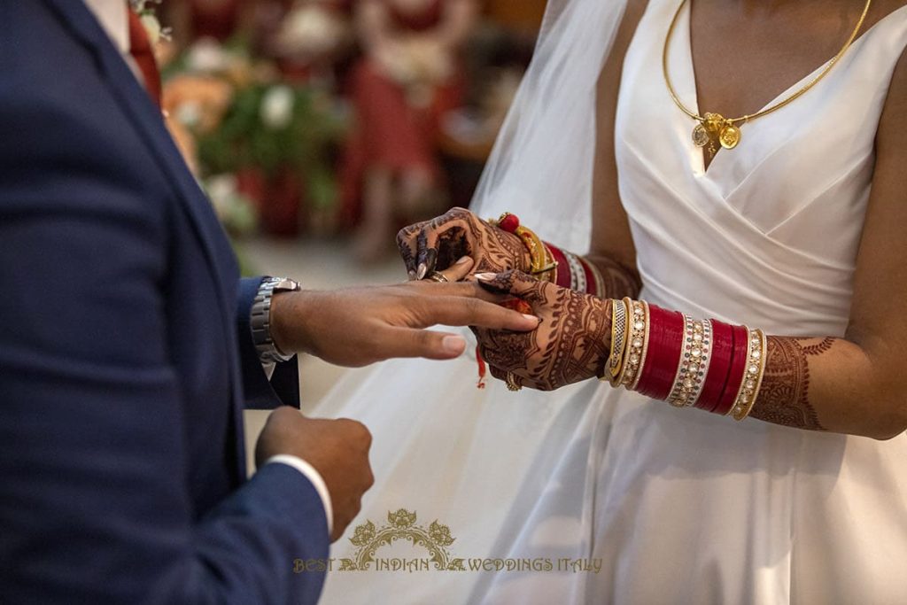 tamil church italy rings exchange 1024x683 - Tamil Catholic wedding in Italy