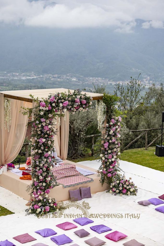 sikh mandap flowers decor italy 683x1024 - Elegant Sikh wedding ceremony in the countryside of Italy