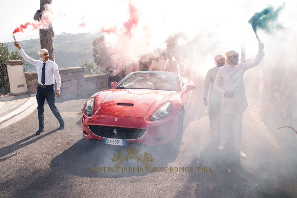 colorful smoke bombs baraat 1024x683 - Traditional Sikh wedding in a breathtaking seaview Villa in Italy