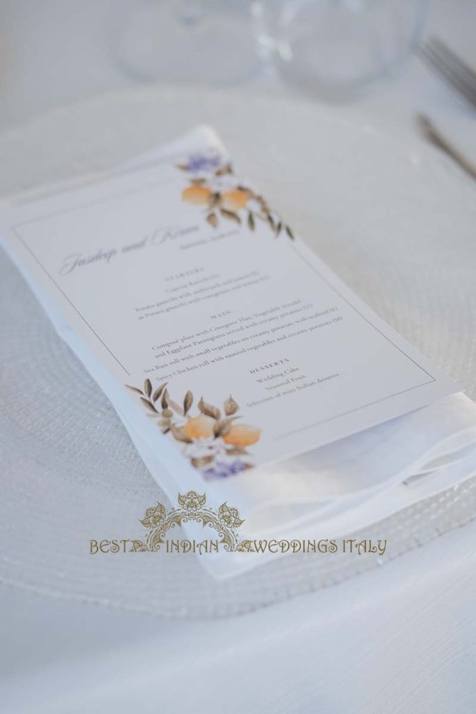 wedding menu card italy 683x1024 - Traditional Sikh wedding in a breathtaking seaview Villa in Italy