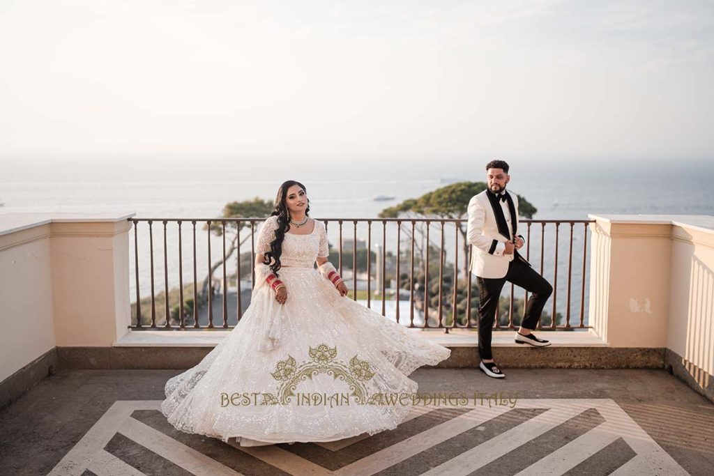 white reception attire indian couple 1024x683 - Traditional Sikh wedding in a breathtaking seaview Villa in Italy