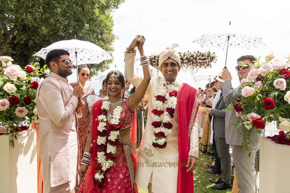 guests gathered for a hindu wedding ceremony at a romantic castle in italy