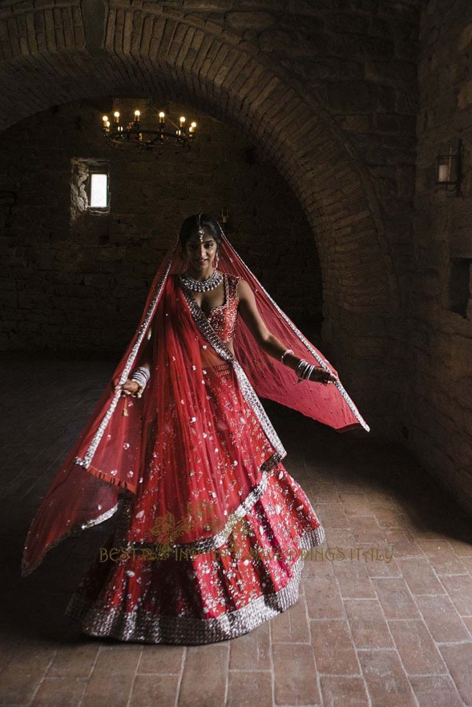 red bridal lehenga indian wedding 684x1024 - Romantic Hindu Wedding in an Italian Castle: A Serene Union in Umbria